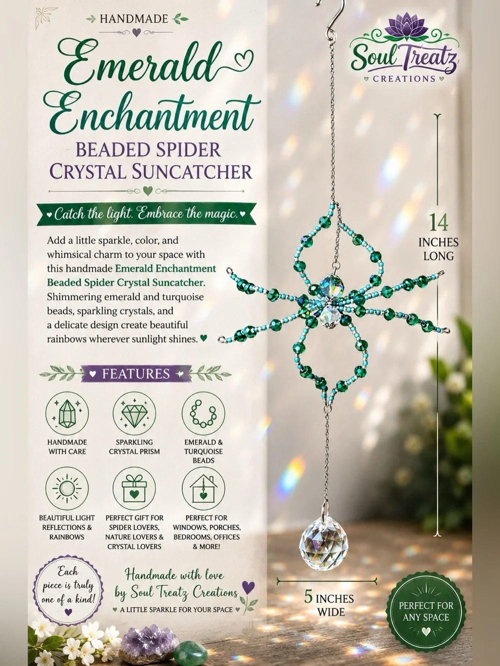 Emerald Green Beaded Spider Crystal Suncatcher